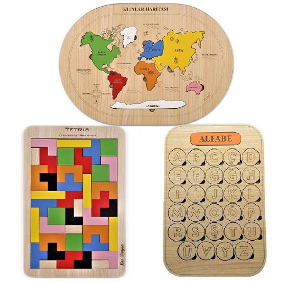 Eğitici Ahşap Harfler/Tetris/Kıtalar Haritası 3’lü Set Bultak/Puzzle