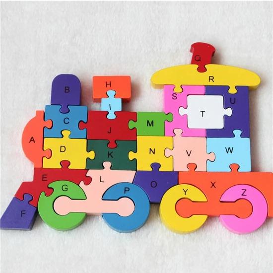 Ahşap Tren Figürlü Renkli Puzzle/Yapboz 26 Parça Eğitici Oyuncak
