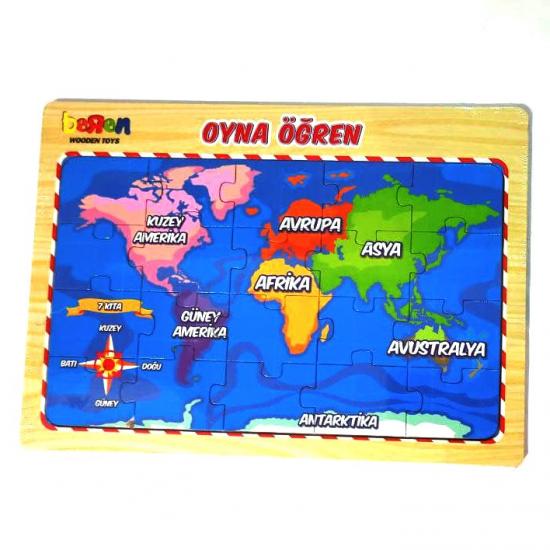Eğitici Renkli Ahşap Dünya Haritası Puzzle (20 Parça)