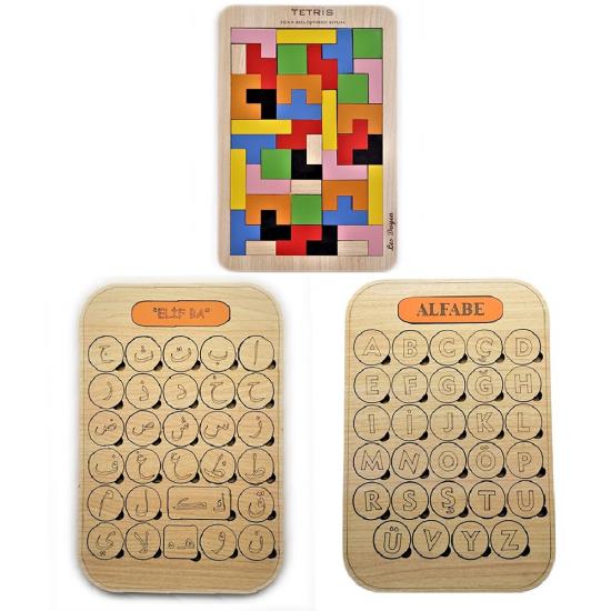 Eğitici Ahşap Harfler/Elif-ba/Tetris 3 lü Bultak Puzzle Set
