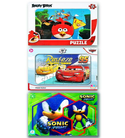 Cars, Angry Bırds, Sonic 3 lü Frame Puzzle/Yapboz Set